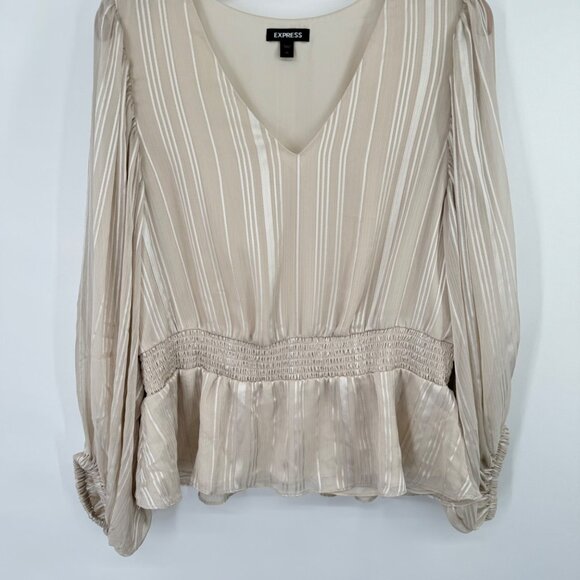 Express Women's Beige Striped V-Neck Blouse chiffon size xl lined Peplum - Picture 3 of 10